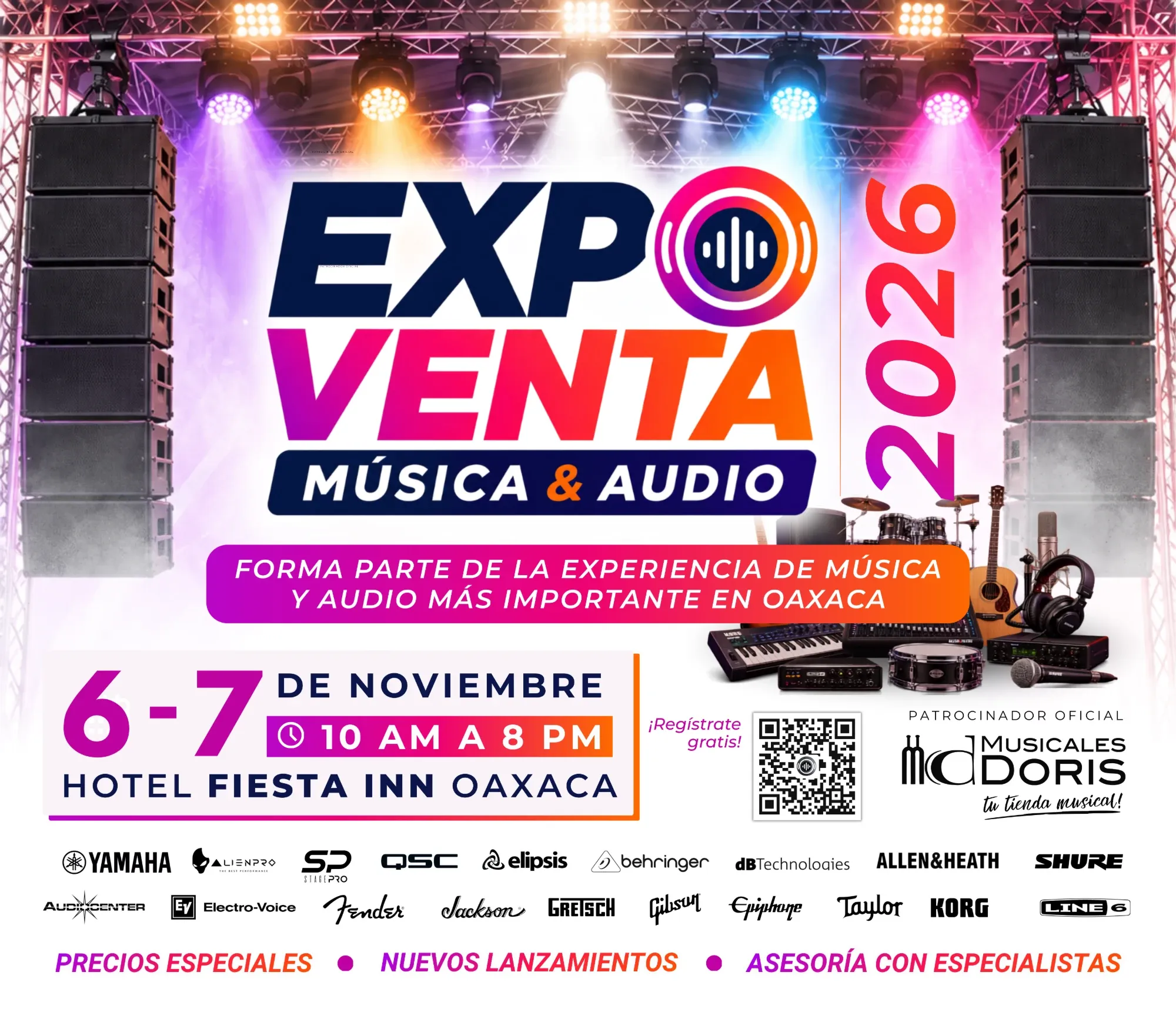 Cartel oficial de Expo Venta Música & Audio 2026: viernes 6 y sábado 7 de noviembre de 2026 en Hotel Fiesta Inn Oaxaca, de 10:00 AM a 8:00 PM. Entrada gratuita con registro.