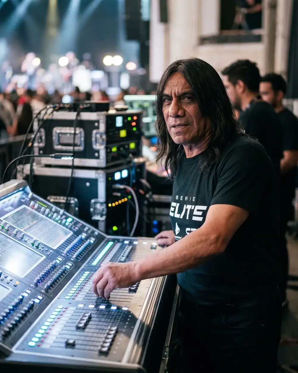 Arturo García «El Bumper» frente a una consola digital de audio durante un concierto